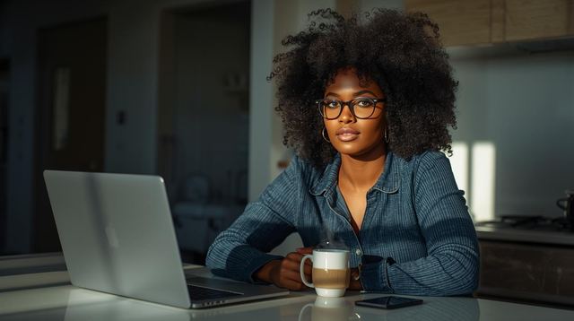 A woman with curly hair working on a laptop at a kitchen counter