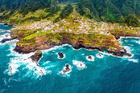Madeira Aerial view of Madeira's green cliffs and coastline