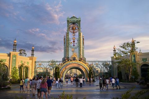 The entrance portal to Universal Epic Universe at dusk