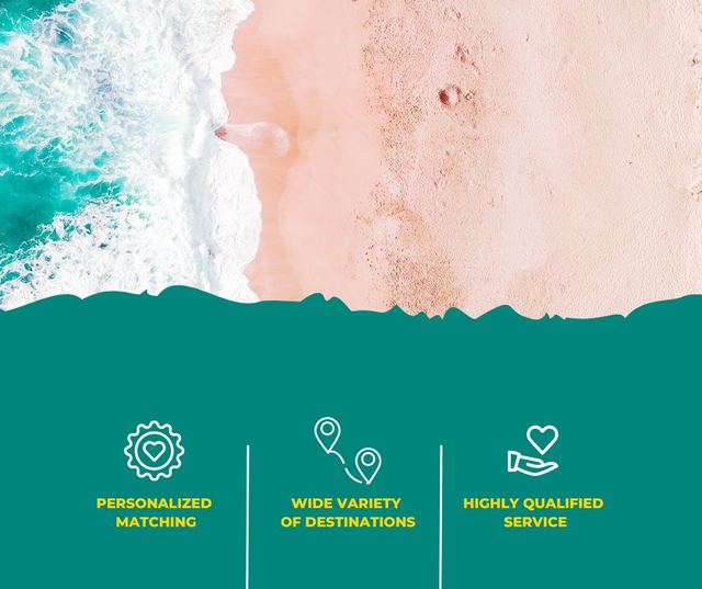 Aerial beach graphic listing personalized matching, a wide variety of destinations and highly qualified service