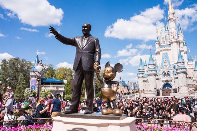 The Partners statue of Walt Disney and Mickey Mouse in front of Cinderella Castle