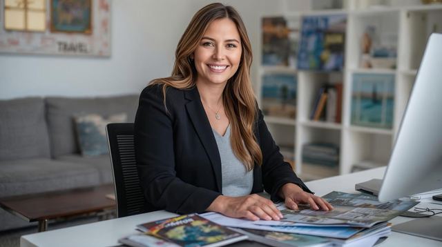 A smiling woman at her desk working as a home-based travel agent