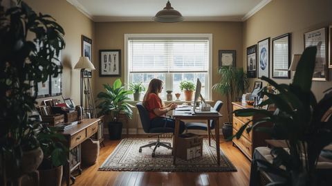 A woman working at a desk in a home office