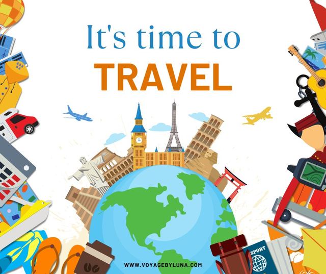 Illustration reading It's time to travel, with landmarks around a globe