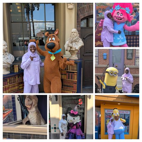 Collage of photos with characters at Universal Studios Hollywood