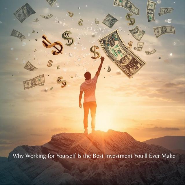 A person on a mountaintop at sunrise with banknotes falling around them