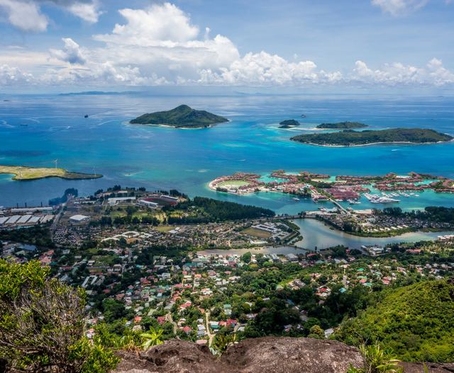 Aerial view of the Seychelles islands and turquoise bays