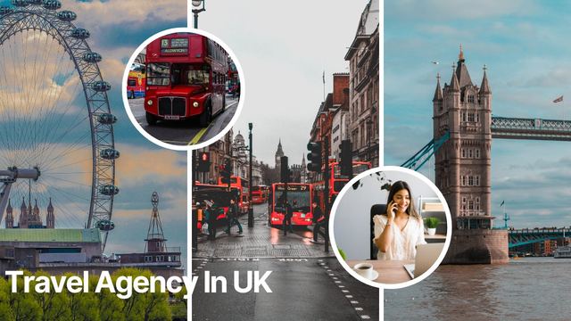 Collage of London landmarks with the words Travel Agency in UK
